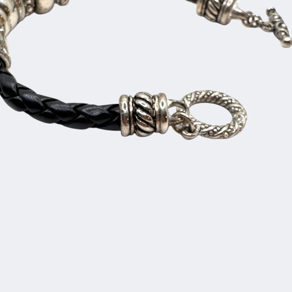 Vintage Black Braided Leather Bracelet with Silver-Tone Beads & Toggle Clasp - Picture 9 of 9